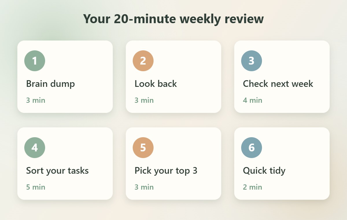 Six steps of a 20-minute weekly review with minutes for each
